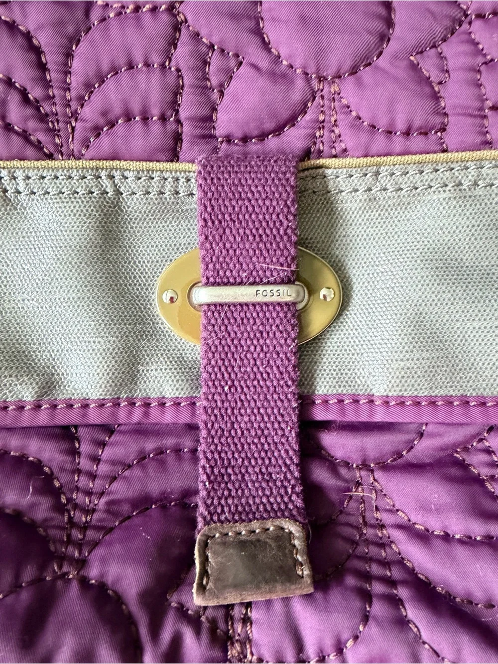 Fossil Quilted Purple Messenger Bag with Silver Accent